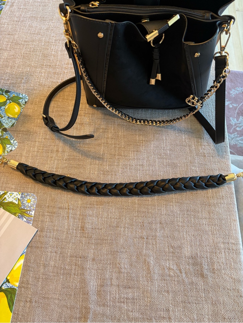 Black Women's Leather Bucket Bag with Gold Hardware - Picture 3 of 4